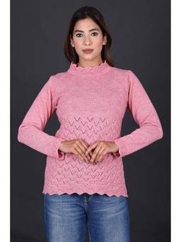 KNITZY - Pink Women High Neck Self Design Timeless Style Sweater