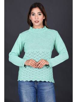 KNITZY - Green Women High Neck Self Design Casual Knit Sweater