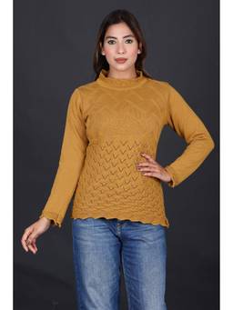 KNITZY - Yellow Women High Neck Self Design Everyday Essential Sweater