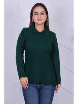 KNITZY - Green Women Collar Neck Self Design Relaxed Wear Sweater