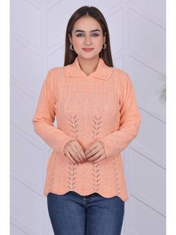 KNITZY - Peach Women Collar Neck Self Design Cold Weather Wear Sweater