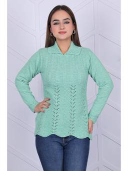 KNITZY - Green Women Collar Neck Self Design Stylish Knit Sweater