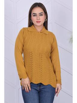 KNITZY - Yellow Women Collar Neck Self Design Daily Essential Sweater