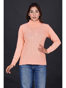 KNITZY - Peach Women Turtle Neck Self Design Cozy Style Sweater