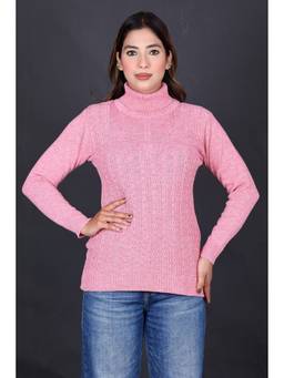 KNITZY - Pink Women Turtle Neck Self Design Seasonal Essential Sweater