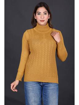 KNITZY - Yellow Women Turtle Neck Self Design Classic Wear Sweater