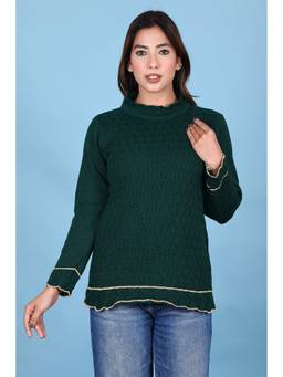 KNITZY - Green Women High Neck Self Design Casual Essential Sweater