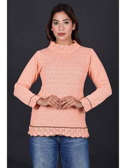 KNITZY - Peach Women High Neck Self Design Contemporary Style Sweater