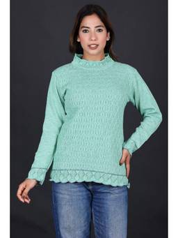 KNITZY - Green Women High Neck Self Design Fashion Essential Sweater