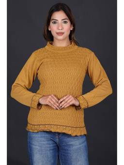 KNITZY - Yellow Women High Neck Self Design Smart Everyday Wear Sweater