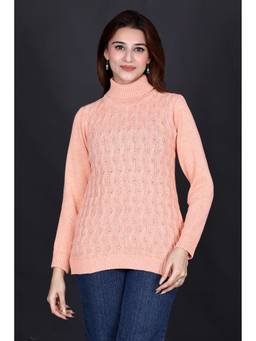 KNITZY - Peach Women Turtle Neck Self Design Everyday Wear Sweater