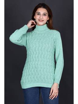 KNITZY - Green Women Turtle Neck Self Design Cozy Wear Sweater