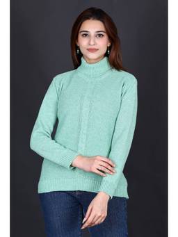 KNITZY - Green Women Turtle Neck Self Design Layering Style Sweater