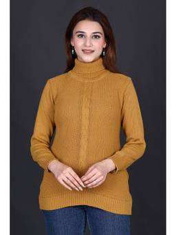 KNITZY - Yellow Women Turtle Neck Self Design Versatile Style Sweater