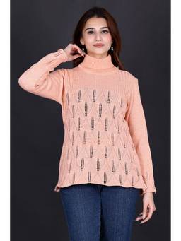 KNITZY - Peach Women Turtle Neck Self Design Relaxed Style Sweater