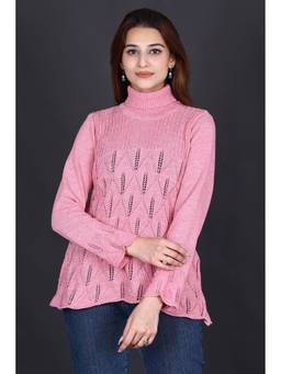 KNITZY - Pink Women Turtle Neck Self Design Warm Wear Sweater