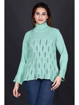 KNITZY - Green Women Turtle Neck Self Design Chic Style Sweater