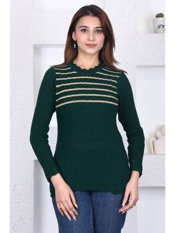 KNITZY - Green Women Round Neck Self Design Street Style Sweater