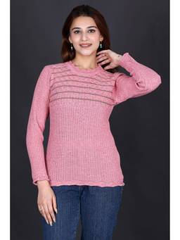 KNITZY - Pink Women Round Neck Self Design Weekend Wear Sweater