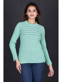 KNITZY - Green Women Round Neck Self Design Wardrobe Essential Sweater