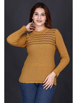 KNITZY - Yellow Women Round Neck Self Design Lounge Style Sweater