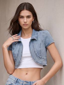 Outzidr - Blue Short Sleeve Light Wash Denim Jacket