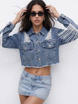 Outzidr - Blue Tassle Fringes Cropped Jacket