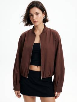 Outzidr - Brown Zip Down Bomber Relaxed Jacket