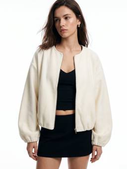 Outzidr - Cream Zip Up Round Neck Jacket