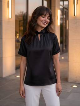 Zolo Label - Women's Solid Black Short Sleeve Satin Top