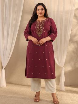 Extra love by Libas - Maroon Floral Embroidered Straight Kurta with Pocket