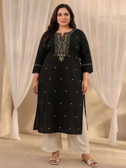 Extra love by Libas - Black Floral Embroidered Straight Kurta with Pocket