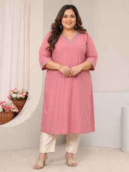 Extra love by Libas - Plus Size Pink Zari Embroidered Straight Kurta with Pocket