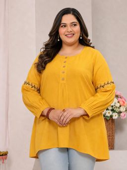 Extra love by Libas - Plus Size Yellow Solid Straight Kurti with Full Sleeves