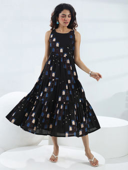 Libas - Black tribal printed fit and flared dress