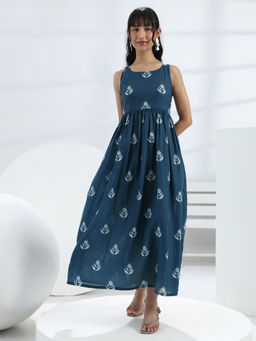 Libas - Blue floral motif printed fit and flared dress