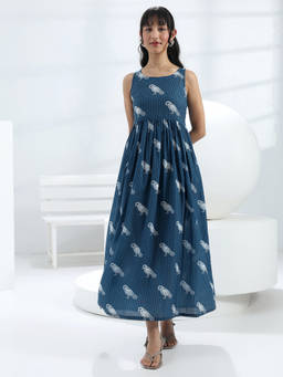 Libas - Blue animal printed fit and flared dress