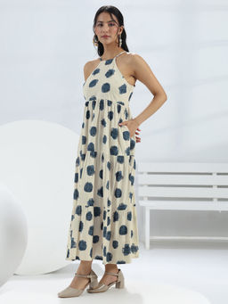 Libas - Off white geometric printed fit and flared ruffled dress