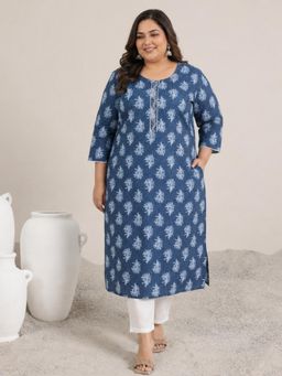 Extra love by Libas - Blue Floral Printed Straight Kurta