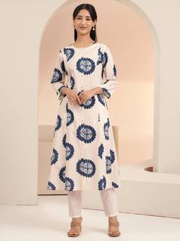 Libas - Off White Geometric Printed A-Line Kurta