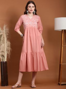 Globus - Women Pink V-Neck Embroidered Tiered Midi A-Line Dress