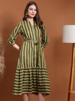 Globus - Women Olive Mandarin Neck Printed Belted A-Line Midi Dress with Belt