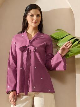 Globus - Women Pink V-Neck Tie-Up Detail Abstract Print A-Line Top