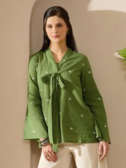Globus - Women Green V-Neck Tie-Up Detail Polka Dots Print A-Line Top