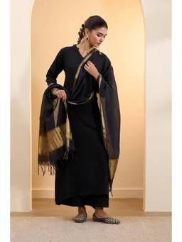Biba - Women Black Black Cotton Zari Dupatta