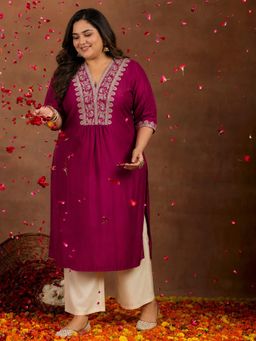 Extra love by Libas - Magenta Silk Blend Yoke Design Straight Kurta