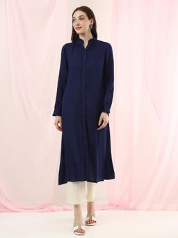 Globus - Women Blue Band Collar Frilled Detail A-Line Shirt Style Kurta