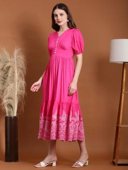 Globus - Women Pink V-Neck Embroidered Tiered Midi Fit and Flare Dress