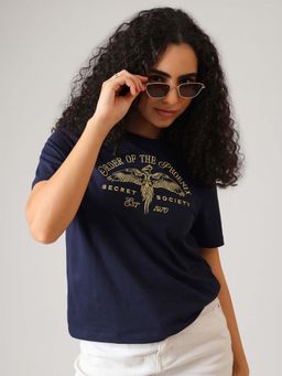 Free Authority - Navy Blue Printed Cotton Relaxed T-shirt