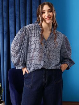 CURVY STREET - Blue Printed Polyester Shirt